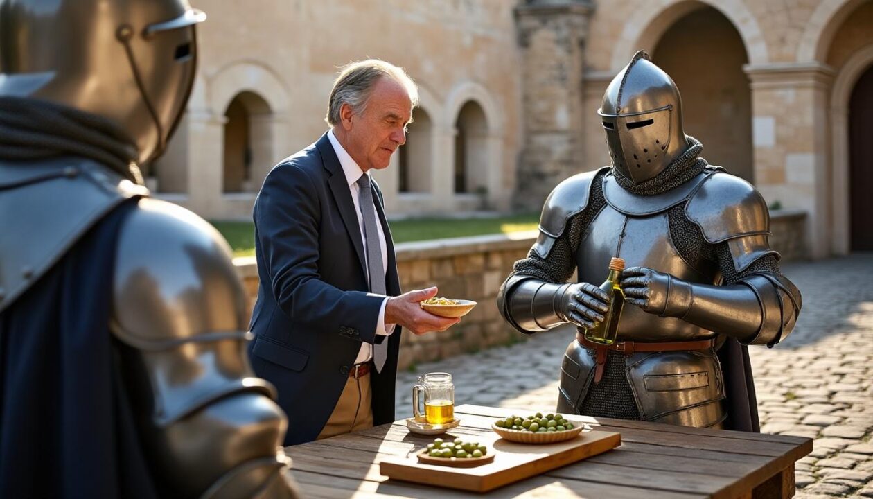 à nîmes, les chevaliers transmettent au maire les secrets et les traditions de l'art de l'huile d'olive, célébrant ainsi un savoir-faire ancestral.